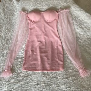 Pink dress with mesh balloon sleeves. Wedding guest dress. Baby shower dress.